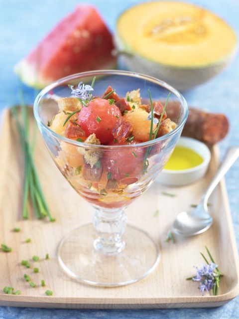 Verrine de melon et de pastèque au chorizo